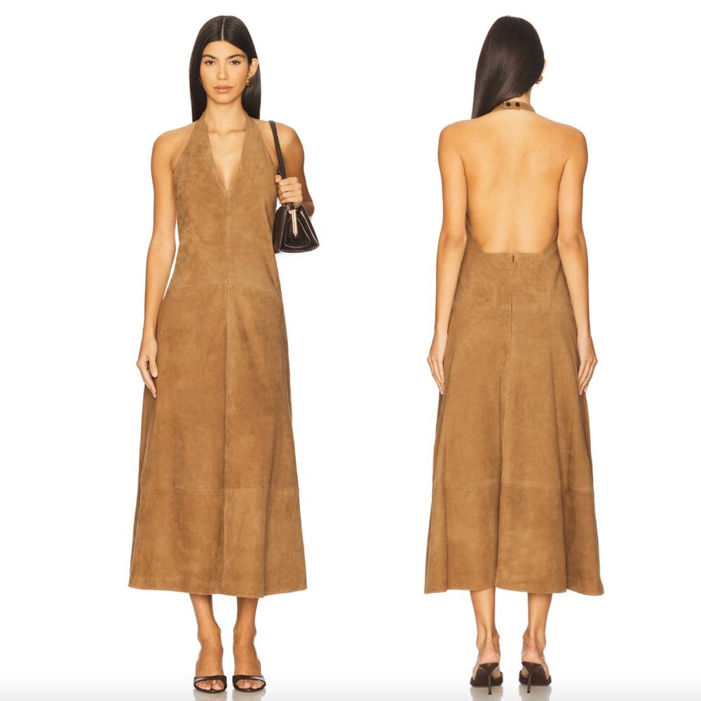 NEW St. Agni Suede Halter Plunge Midi Dress Toffee Tan Brown Halter Leather XXS